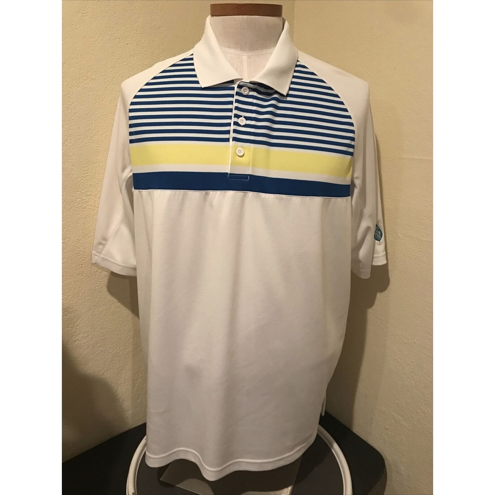 Under Armour Mens Polo Shirt Loose Fit Heat Gear Striped Sz XL Blue Yellow White